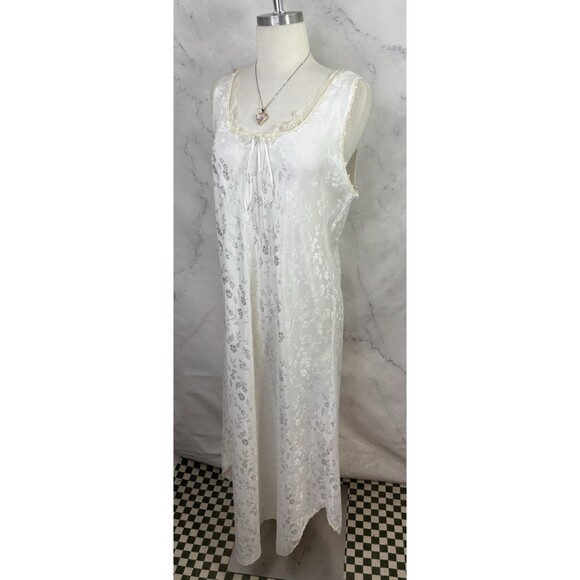 Vtg 80s Nightgown Dress White Satin Floral Lace Bridal Prairie Cottagecore SZ L - Picture 12 of 16